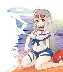 Rule 34 | 1girl, :o, absurdres, aged down, ahoge, arknights, bare shoulders, barefoot, black choker, blue shorts, breasts, choker, cleavage, cup, eyewear on head, hair between eyes, highres, holding, holding cup, kuroshiroemaki, long hair, looking at viewer, medium breasts, midriff, navel, no headwear, ocean, off-shoulder shirt, off shoulder, official alternate costume, orca, red eyes, seiza, shirt, short shorts, short sleeves, shorts, silver hair, sitting, skadi (arknights), skadi (waverider) (arknights), solo, spilling, stomach, stuffed animal, stuffed orca, stuffed toy, sunglasses, thigh strap, thighs, very long hair, white background, white shirt