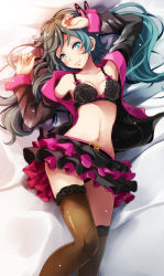 Rule 34 | 1girl, aqua hair, arm up, belt, black bra, black panties, blush, bow, bow bra, bra, breasts, closed mouth, collarbone, feet out of frame, fingernails, frills, from above, green eyes, hand up, hatsune miku, highres, honey whip (module), jacket, knee up, long hair, long sleeves, lying, medium breasts, microskirt, nail polish, navel, on back, open clothes, open jacket, panties, project diva (series), sidelocks, skirt, smile, solo, stomach, sweet devil (vocaloid), thighhighs, tsukishiro saika, twintails, underwear, very long hair, vocaloid
