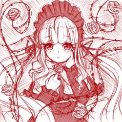 Rule 34 | 1girl, :o, bad id, bad pixiv id, blonde hair, blush, bonnet, bow, closed mouth, curly hair, doll, dress, flower, frills, hair ribbon, highres, lolita fashion, long hair, long sleeves, looking at viewer, mmoe chan, monochrome, parted lips, red dress, red eyes, red flower, red rose, red theme, ribbon, rose, rozen maiden, shinku, sketch, solo, thorns, twintails, upper body