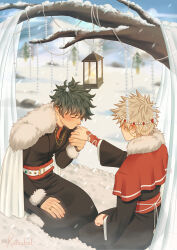 Rule 34 | 2boys, absurdres, bakugou katsuki, blonde hair, blush, boku no hero academia, branch, candle, closed eyes, closed mouth, commentary, day, english commentary, freckles, fur trim, green hair, highres, holding hands, jewelry, katsubel, kiss, kissing hand, lantern, long sleeves, male focus, midoriya izuku, multiple boys, official alternate costume, outdoors, ring, short hair, sitting, snowing, spiked hair, twitter username, yaoi