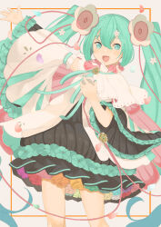 Rule 34 | 1girl, aqua ribbon, black skirt, cable, cape, commentary, cowboy shot, detached sleeves, flower, flower-trimmed dress, flower-trimmed sleeves, hair flower, hair ornament, hatsune miku, highres, holding, holding microphone, looking at viewer, magical mirai (vocaloid), magical mirai miku, magical mirai miku (2021), medallion, microphone, multicolored clothes, nail polish, open mouth, original-orange-610917, outstretched arm, rainbow, ribbon, rose, shirt, skirt, smile, solo, standing, vocaloid, white shirt