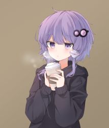 Rule 34 | 1girl, black hoodie, brown background, coffee cup, commentary, cup, disposable cup, donguri karappo, hair ornament, hair tubes, highres, holding, holding cup, hood, hoodie, parted lips, purple eyes, purple hair, short hair with long locks, sidelocks, solo, steam, symbol-only commentary, upper body, vocaloid, voiceroid, yuzuki yukari