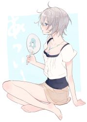 Rule 34 | 10s, 1girl, anastasia (idolmaster), barefoot, blue eyes, blush, hand fan, idolmaster, idolmaster cinderella girls, inko (mini), jewelry, necklace, open mouth, paper fan, short hair, silver hair, simple background, sitting, skirt, solo, sweat, uchiwa