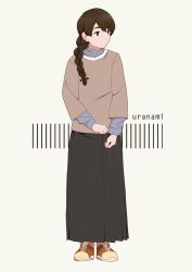 Rule 34 | 10s, 1girl, alternate costume, black skirt, braid, brown eyes, brown hair, character name, full body, grey sweater, hair over shoulder, kantai collection, long hair, long skirt, looking to the side, ojipon, overshirt, shoes, single braid, skirt, sneakers, solo, standing, uranami (kancolle), white background