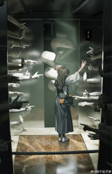 Rule 34 | 1girl, 3d background, absurdres, arm up, bag, black hair, black socks, dress, elevator, facing away, from behind, hair ornament, highres, lin ya ya, long hair, mixed media, original, pinafore dress, pointing, pointing at another, satchel, sculpture, shirt, shoes, sleeveless, sleeveless dress, sleeves past elbows, socks, thumbs up, watch, white shirt, wide sleeves, wristwatch