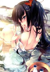Rule 34 | 1girl, artist request, barefoot, black hair, breasts, brown eyes, fingernails, hair ornament, highres, kamizuki shiki, licking, lips, long fingernails, long hair, looking back, nipples, one side up, onsen, partially submerged, scan, sideboob, sitting, solo, tongue