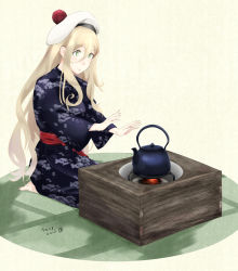 Rule 34 | 1girl, alternate costume, bad id, bad pixiv id, barefoot, beret, blonde hair, blue eyes, commentary request, dated, hair between eyes, hat, highres, japanese clothes, kantai collection, kettle, kimono, long hair, mole, mole under eye, mole under mouth, pom pom (clothes), richelieu (kancolle), sash, sitting, solo, stove, twitter username, velchi, warming hands, yellow background
