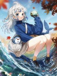 Rule 34 | 1girl, ahoge, alternate costume, alternate hairstyle, autumn, autumn leaves, bag, black footwear, bloop (gawr gura), blue hair, blue sweater, blush, braid, brown skirt, burger, chewing, closed mouth, commentary request, falling leaves, fins, fish tail, food, food on face, french braid, full body, gawr gura, grey hair, handbag, highres, hololive, hololive english, knees together feet apart, leaf, long sleeves, looking at viewer, multicolored hair, pleated skirt, same jarashi, shark tail, skirt, sleeves past wrists, socks, solo, streaked hair, sweater, tail, turtleneck, turtleneck sweater, virtual youtuber, water, waves, yellow socks, zipper