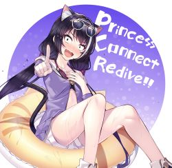 Rule 34 | 1girl, absurdres, animal ear fluff, bikini, black hair, blush, breasts, cat girl, fang, green eyes, highres, innertube, karyl (princess connect!), karyl (summer) (princess connect!), low twintails, multicolored hair, navel, open mouth, princess connect!, rumeha (aormsj22), short shorts, shorts, solo, streaked hair, swim ring, swimsuit, twintails, wet, white hair