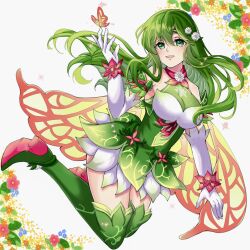 Rule 34 | 1girl, boots, bug, butterfly, butterfly on hand, cape, dress, elbow gloves, fire emblem, fire emblem: mystery of the emblem, fire emblem heroes, floating, flower, full body, gloves, green dress, green eyes, green footwear, green hair, hair between eyes, hair flower, hair ornament, highres, insect, long hair, nintendo, official alternate costume, open mouth, palla (fire emblem), palla (resplendent) (fire emblem), short dress, solo, tankei fm, thigh boots, white gloves