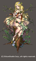 Rule 34 | 1girl, bare shoulders, barefoot, blonde hair, blue eyes, breasts, cleavage, company name, curly hair, ferret, flower, full body, grey background, gyakushuu no fantasica, hair flower, hair ornament, large breasts, leaf, long hair, navel, official art, plant, ryuki@maguro-ex, simple background, sitting, solo, squirrel, very long hair, vines