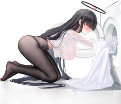 Rule 34 | 1girl, barefoot, bent over, black hair, black halo, black pantyhose, blue archive, blush, breasts, closed mouth, feet, from side, full body, hair ornament, hairclip, halo, hanging breasts, highres, huge breasts, kneeling, large breasts, laundry, leaning forward, long hair, long sleeves, looking at object, malon (chuan2700), midriff, no pants, pantyhose, profile, red eyes, rio (blue archive), see-through, see-through shirt, shirt, simple background, solo, thighs, very long hair, washing machine, white background, white shirt