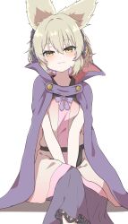 Rule 34 | 1girl, blush, brown eyes, brown hair, cape, closed mouth, commentary, earmuffs, highres, looking at viewer, momitoekk, pointy hair, purple cape, short hair, simple background, sitting, solo, touhou, toyosatomimi no miko, white background