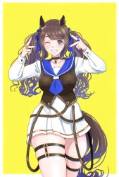 Rule 34 | 1girl, alternate costume, alternate eye color, animal ears, aqua eyes, black vest, blue necktie, blush, border, breasts, brown hair, commentary request, cowboy shot, double v, dress, ear ornament, ear piercing, grin, highres, horse ears, horse girl, horse tail, jewelry, long hair, long sleeves, medium breasts, multicolored nails, nail polish, necktie, one eye closed, osage gankyou, outside border, pendant, piercing, sailor collar, simple background, skindentation, smile, solo, strap, tail, thigh strap, thighs, tosen jordan (umamusume), twintails, umamusume, v, vest, white border, white dress, yellow background