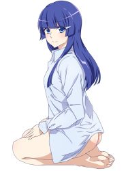Rule 34 | 10s, 1girl, aoki reika, barefoot, blue eyes, blue hair, blush, bottomless, dress shirt, feet, full body, hair ornament, hairclip, hime cut, long hair, looking at viewer, matching hair/eyes, naked shirt, precure, seiza, shirt, simple background, sitting, smile precure!, solo, touryou, white background
