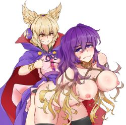 Rule 34 | 2girls, armlet, bdsm, bondage, bound, breasts, cape, collar, commentary, dildo, earmuffs, english commentary, frown, gradient hair, grey background, grin, highres, hijiri byakuren, large breasts, leash, light brown hair, long hair, medium hair, multicolored hair, multiple girls, nipples, pan-ooh, pointy hair, purple eyes, purple hair, rope, sex, sex toy, shibari, simple background, smile, strap-on, tears, thighhighs, touhou, toyosatomimi no miko, yellow eyes, yuri