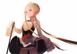 Rule 34 | 1girl, abigail williams (fate), abigail williams (festival outfit) (fate), black dress, blonde hair, blue eyes, bow, commentary request, dress, fate/grand order, fate (series), hair ornament, headdress, highres, key, keyhole, leiq, long hair, looking at viewer, official alternate costume, parted bangs, sleeves past fingers, sleeves past wrists, smile, solo, stuffed animal, stuffed toy, teddy bear, very long hair, white dress