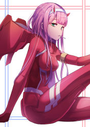 Rule 34 | 1girl, absurdres, artist request, bodysuit, darling in the franxx, green eyes, highres, horns, long hair, pink hair, red horns, solo, source request, tagme, zero two (darling in the franxx)