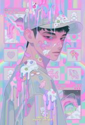 Rule 34 | 1boy, bandaid, bandaid on cheek, bandaid on face, bandaid on nose, baseball cap, black eyes, black hair, colorful, ear piercing, eyebrow cut, food, food on clothes, food on face, half-closed eyes, hat, highres, inplick, korean commentary, looking at viewer, male focus, melting, original, piercing, pizza, short hair, solo, sticker on face, stuffed animal, stuffed toy, sweater, teddy bear, upper body, white hat, white sweater