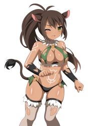 Rule 34 | 1girl, animal ears, boar (sakura dungeon), breasts, clenched hands, dark skin, feet out of frame, game cg, long hair, revealing clothes, sakura dungeon, simple background, solo, tagme, torn clothes, white background