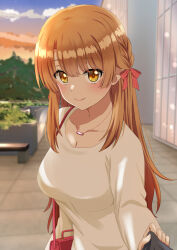 Rule 34 | 1girl, bag, blurry, blurry background, blush, bow, breasts, brown eyes, brown hair, brown sweater, closed mouth, cloud, commentary request, dars (recolors), hair bow, highres, isshiki iroha, jewelry, long hair, long sleeves, looking at viewer, medium breasts, necklace, outdoors, pov, red bow, shirt tug, shoulder bag, smile, sweater, upper body, yahari ore no seishun lovecome wa machigatteiru.