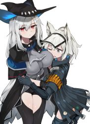 Rule 34 | 2girls, absurdres, animal ears, arknights, ascot, black capelet, black gloves, black headwear, black pants, breasts, capelet, closed mouth, clothing cutout, commentary request, cowboy shot, gloves, grani (arknights), grey ascot, hair between eyes, hat, highres, horse ears, hug, jacket, large breasts, long hair, looking at viewer, multiple girls, one eye closed, open mouth, pants, police, police uniform, ponytail, poyason, purple eyes, red eyes, shirt, silver hair, simple background, skadi (arknights), thigh cutout, uniform, visor lift, white background