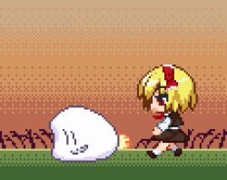 Rule 34 | 1girl, :d, animated, animated gif, ascot, black footwear, black skirt, blonde hair, chibi, commentary request, hair ribbon, isu (is88), lowres, mochi (touhou), open mouth, pixel art, red ribbon, ribbon, rumia, shoes, short hair, skirt, smile, solo, tetsuzankou, touhou, | |