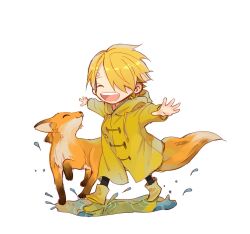 Rule 34 | 1boy, ^ ^, aged down, animal, arms up, blonde hair, boots, child, closed eyes, commentary request, curly eyebrows, fox, hair over one eye, highres, hood, hooded coat, male focus, one piece, sanji (one piece), short hair, simple background, smile, walking, white background, xx zslove