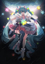 Rule 34 | 1girl, :d, absurdres, ahoge, ankle bow, ankle ribbon, aqua eyes, aqua hair, asymmetrical gloves, black thighhighs, bow, commentary, detached collar, detached sleeves, dress, floating hair, full body, gloves, gradient gloves, hair between eyes, hair ornament, hair ribbon, hatsune miku, hatsune miku expo, high heels, highres, kazenemuri, layered dress, long hair, long sleeves, looking at viewer, mismatched gloves, multicolored clothes, multicolored dress, open mouth, pink ribbon, pumps, purple gloves, red dress, ribbon, short dress, single thighhigh, smile, solo, standing, star (symbol), star hair ornament, strapless, strapless dress, thighhighs, twintails, very long hair, vocaloid, white bow, white dress, white footwear, white gloves, white sleeves