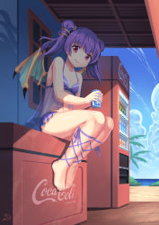 Rule 34 | 1girl, artist name, bare legs, barefoot, blush, can, closed mouth, coca-cola, day, fire emblem, highres, holding, holding can, looking at viewer, myrrh (fire emblem), mystic-san, nintendo, outdoors, purple hair, red eyes, short hair, short twintails, signature, sitting, smile, solo, twintails, vending machine