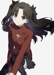 Rule 34 | 1girl, black hair, black skirt, black thighhighs, blue eyes, brown footwear, closed mouth, fate/stay night, fate (series), floating hair, invisible chair, knee up, long hair, long sleeves, miniskirt, parted bangs, pleated skirt, red shirt, satosatomog, shirt, shoes, simple background, sitting, skirt, smile, solo, split mouth, thighhighs, tohsaka rin, two side up, white background