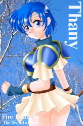Rule 34 | 1girl, armor, bare tree, blue armor, blue eyes, blue hair, character name, copyright name, fire emblem, fire emblem: the binding blade, forest, hissaa (starlight express), looking at viewer, looking back, matching hair/eyes, nature, nintendo, pegasus knight uniform (fire emblem), photo background, polearm, shanna (fire emblem), short hair, skirt, solo, spear, tree, weapon