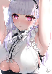 Rule 34 | 1girl, :s, anchor, armpits, arms behind head, arms up, azur lane, black hairband, blunt bangs, blush, breasts, center frills, closed mouth, clothing cutout, dido (azur lane), earrings, frilled shirt, frills, hairband, jewelry, kohanayuki, large breasts, long hair, pink eyes, shirt, signature, silver hair, simple background, skindentation, sleeveless, sleeveless shirt, solo, underboob, underboob cutout, upper body, white background, white shirt