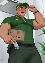 Rule 34 | 1boy, bara, baseball cap, belt, black belt, blush, brown hair, carrying, carrying under arm, dark-skinned male, dark skin, facial hair, feet out of frame, goatee, green pants, green shirt, hat, highres, hiroki bzdsk, large pectorals, male focus, mature male, muscular, muscular male, original, package, paid reward available, pants, pectorals, paid reward available, shirt, short hair, sideburns, solo, stubble, sweat, sweaty clothes, thick eyebrows, thick thighs, thighs, tight clothes, tight shirt, undercut
