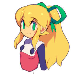 Rule 34 | 1girl, blonde hair, blush, breasts, closed mouth, commentary request, dress, green eyes, green ribbon, hair ribbon, long hair, looking at viewer, metata, ponytail, red dress, ribbon, mega man (series), mega man (classic), roll (mega man), sidelocks, simple background, sketch, smile, solo, white background