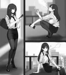 Rule 34 | 1girl, ass, bad id, bad pixiv id, bag, breasts, cellphone, cigarette, gongba laoge, greyscale, high heels, long hair, monochrome, necktie, office lady, original, pantyhose, pencil skirt, phone, sitting, skirt, smartphone, smoking, squatting