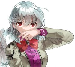 Rule 34 | 1girl, bow, bowtie, braid, breasts, brooch, commentary, covered mouth, french braid, grey hair, grey jacket, hair between eyes, hand to own mouth, jacket, jewelry, kishin sagume, large breasts, looking at viewer, medium hair, nanataru10, one-hour drawing challenge, open clothes, open jacket, purple shirt, red eyes, shirt, signature, single wing, solo, touhou, upper body, white background, white wings, wings