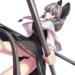 Rule 34 | 1girl, animal ears, ass, black panties, blush, dowsing rod, female focus, from below, grey hair, highres, jewelry, looking back, mouse ears, mouse tail, nazrin, open mouth, panties, pantyshot, pendant, red eyes, revision, short hair, simple background, solo, tail, thong, touhou, tro (trombe), underwear, upskirt, white background