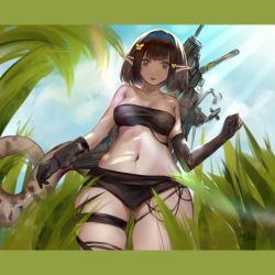 Rule 34 | 1girl, :o, arknights, asymmetrical gloves, bandeau, bare shoulders, black gloves, black hair, black panties, blue eyes, blue hairband, blue sky, breasts, chinese commentary, commentary request, cowboy shot, day, eunectes (arknights), gloves, grass, hairband, highres, looking at viewer, midriff, navel, open mouth, outdoors, panties, pointy ears, short hair, sky, small breasts, solo, standing, stomach, strapless, thigh strap, thighs, tube top, ufoliving, underwear, uneven gloves
