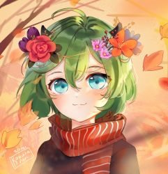 Rule 34 | 1girl, ahoge, artist name, black shirt, blue eyes, blue flower, branch, closed mouth, commentary, dated, english commentary, falling leaves, flower, green hair, hair between eyes, hair flower, hair ornament, kobutanori, leaf, looking at viewer, original, pink flower, purple flower, red flower, red rose, red scarf, rose, scarf, shirt, smile, solo, striped clothes, striped scarf