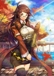 Rule 34 | 1girl, ahoge, apple, ascot, autumn, autumn leaves, bag, belt, black skirt, black thighhighs, blue sky, blurry, braid, bread, breasts, brown hair, brown jacket, buckle, buttons, capelet, cloud, cloudy sky, cobblestone, collar, collared shirt, cowboy shot, day, depth of field, dress, food, fruit, glasses, green eyes, highres, holding, holding bag, jacket, lace, lace-trimmed legwear, lace legwear, lace trim, large breasts, leaf, light rays, lips, lipstick, long hair, long sleeves, looking at viewer, makeup, maple leaf, maple tree, olys, open clothes, open jacket, original, outdoors, paper bag, pencil skirt, railing, semi-rimless eyewear, shirt, side braid, single braid, skirt, skirt set, sky, smile, solo, sparkle, standing, sun, sunbeam, sunlight, swept bangs, thighhighs, tree, water, wing collar, zettai ryouiki, zipper