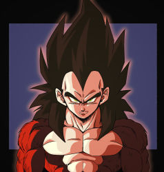 Rule 34 | 1boy, abs, bare arms, bare back, body fur, dragon ball, dragon ball gt, fenyon, highres, large pectorals, looking at viewer, male focus, monkey boy, muscular, muscular male, no shirt, outside border, pectorals, red fur, scowl, vegeta, widow&#039;s peak, yellow eyes