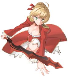 Rule 34 | 1girl, ahoge, blonde hair, breasts, cleavage, closed mouth, dress, epaulettes, fate/extra, fate (series), green eyes, hair ribbon, highres, looking at viewer, muchi maro, nero claudius (fate), nero claudius (fate), nero claudius (fate/extra), ribbon, short hair, simple background, smile, solo, sword, weapon, white background