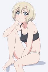 Rule 34 | 1girl, black sports bra, blonde hair, blue eyes, blush, breasts, cleavage, closed mouth, erica hartmann, female focus, looking at viewer, panties, short hair, simple background, sitting, small breasts, smile, solo, sports bra, strike witches, tomitsuka, underwear, white background, white panties, world witches series