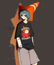 Rule 34 | 1girl, absurdres, alternate costume, among us, blue hair, bocchi the rock!, commission, ear piercing, english text, hands in pockets, highres, impostor (among us), looking at viewer, machuuu68, medium hair, piercing, simple background, traffic cone, traffic cone on head, twitter username, yamada ryo, yellow eyes