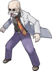 Rule 34 | 1boy, bald, belt, belt buckle, blaine (pokemon), brown footwear, buckle, clenched hand, collared shirt, creatures (company), facial hair, full body, game freak, highres, lab coat, legs apart, long sleeves, lower teeth only, male focus, mustache, necktie, nintendo, official art, open mouth, orange necktie, pants, poke ball print, pokemon, pokemon frlg, purple pants, shirt, shoes, solo, standing, sugimori ken, teeth, tongue, transparent background, white hair