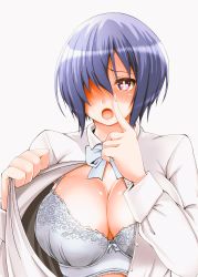 Rule 34 | + +, 1girl, adahcm, blue hair, bra, breasts, cleavage, collared shirt, dress shirt, finger to mouth, hair over one eye, highres, index finger raised, large breasts, long sleeves, looking at viewer, open clothes, open mouth, open shirt, pointy ears, purple eyes, shirt, short hair, shushing, solo, underwear, upper body, white bra, white hair, white shirt, yumesaki harumu, yuragisou no yuuna-san