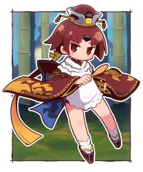 Rule 34 | &gt;:), 1girl, apron, bamboo, benienma (fate), black footwear, blue sky, blush, brown eyes, brown hair, brown hat, brown kimono, chibi, closed mouth, commentary request, day, fate/grand order, fate (series), full body, gradient hair, hat, head tilt, highres, holding, holding spoon, japanese clothes, kimono, long sleeves, multicolored hair, naga u, orange hair, outline, parted bangs, platform footwear, sandals, short kimono, sky, smile, socks, solo, spoon, tabi, v-shaped eyebrows, white apron, white outline, white socks, wide sleeves, wooden spoon, zouri