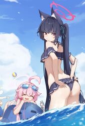 Rule 34 | 4girls, absurdres, ahoge, animal ears, ass, ball, bare arms, bare legs, bare shoulders, beachball, bikini, black bikini, black hair, blue archive, blue halo, blush, breasts, cat ears, closed eyes, closed mouth, day, extra ears, fang, green halo, grey hair, hair bobbles, hair ornament, halo, highres, hjrh5727, hoshino (blue archive), hoshino (swimsuit) (blue archive), inflatable toy, inflatable whale, long hair, low twintails, multiple girls, nonomi (blue archive), nonomi (swimsuit) (blue archive), ocean, official alternate costume, open mouth, outdoors, pink hair, pink halo, red eyes, serika (blue archive), serika (swimsuit) (blue archive), shiroko (blue archive), shiroko (swimsuit) (blue archive), small breasts, smile, swimsuit, twintails, water, white bikini, wolf ears