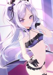 Rule 34 | 1girl, absurdres, bare arms, bare shoulders, bikini, black bikini, blue archive, blush, breasts, closed mouth, collarbone, cowboy shot, demon wings, gloves, grey hair, hair ornament, highres, hina (blue archive), indoors, long hair, looking at viewer, mizupuruta, navel, purple eyes, purple hair, purple wings, ribbon, small breasts, solo, swimsuit, twintails, wings